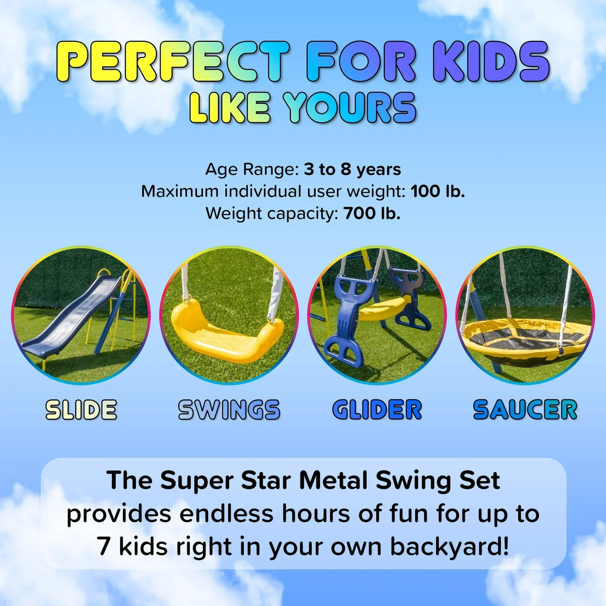 Sportspower Super Star 5-in-1 Metal Swing Set: 2 Swings, Flying Saucer, 2-Person Roman Glider, 6.5ft Slide; Great for Kids 3-8; Bonus Anchor Kit