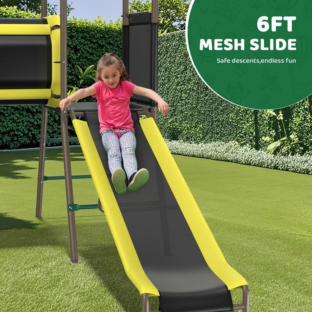 Klo Kick 6-in-1 Swing Set with Slide,Crawl Tunnel and Monkey Bars for Backyard, Playground for Kids Aged 3-12