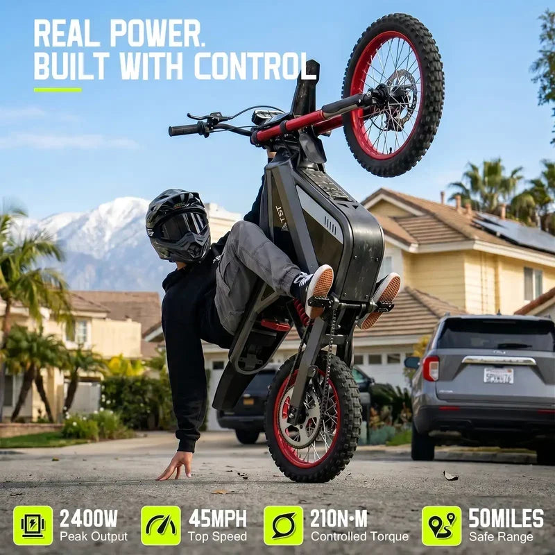 TST GT63 Electric Dirt Bike, 2400W Brushless Hub Motor, 45 MPH Top Speed, 48V 22.5Ah Battery with 50 Mile Range, 210Nm Torque, Front Hydraulic Suspension