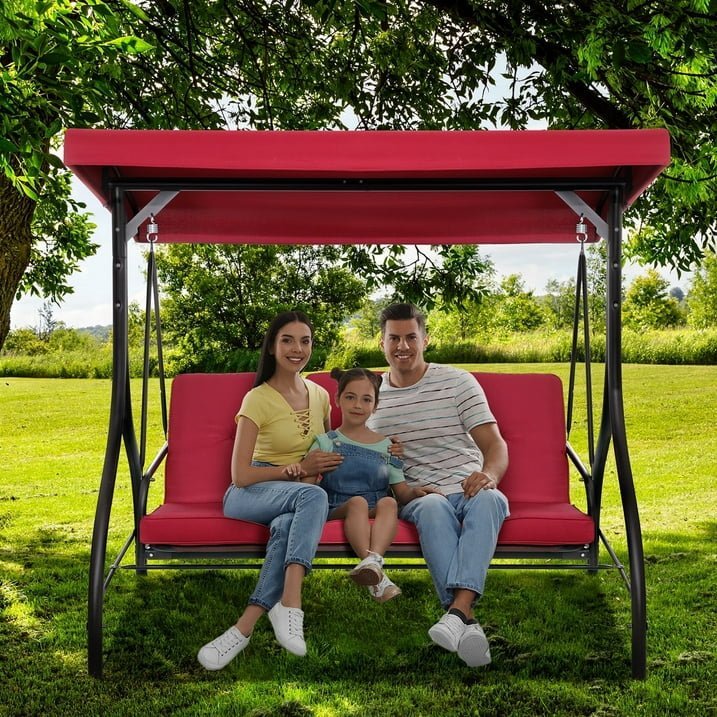 LAZY BUDDY 3-Seat Porch Swing with Adjustable Canopy, Outdoor Swing Chair Convertible Swing Bed with Removable Cushion for Yard Garden Balcony