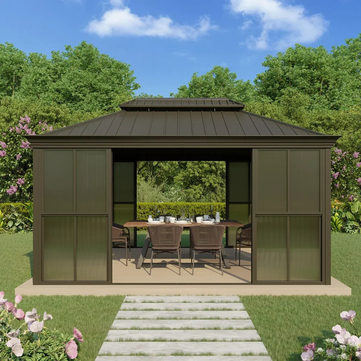 EROMMY 14 Ft. W X 12 Ft. D Outdoor Hardtop Gazebo, Double Top Galvanized Steel Roof Aluminum Sunroom