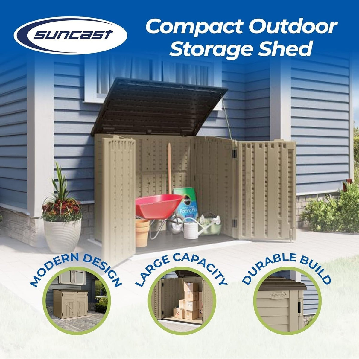 Suncast 34 Cu Ft Horizontal Resin Storage Shed – Outdoor Storage Shed with Floor Included, Lockable, Weatherproof, Fits Small