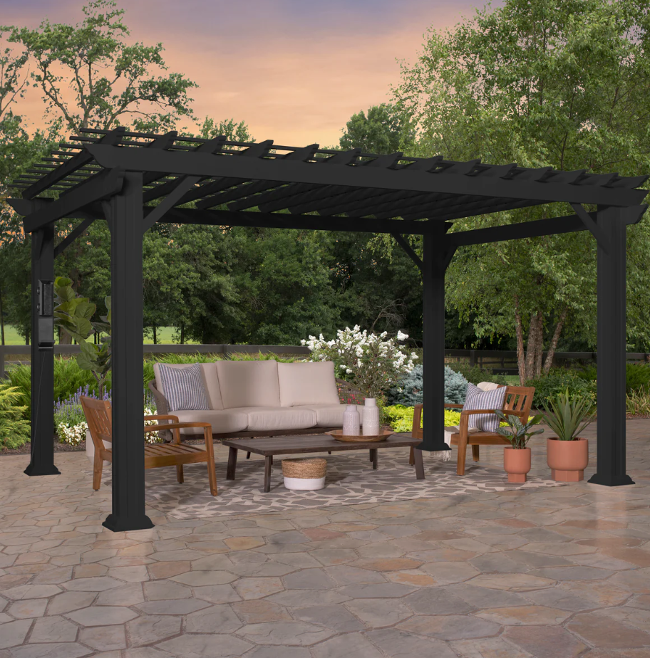 Stratford 14 Ft. X 10 Ft. Black Steel Traditional Pergola with Sail Shade Soft Canopy