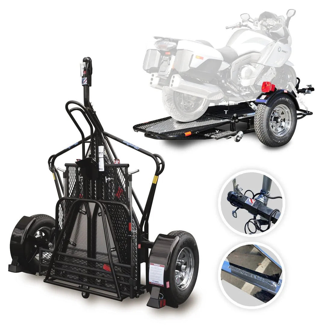 GO Series Single Rail Folding Motorcycle Trailer – Deluxe Chrome Wheels