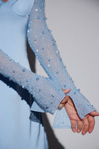 Long Sleeve Embellished A-line Mini Dress in Blue