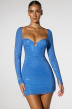 Embellished Corset Open Back Long Sleeve Mini Dress in Cobalt Blue