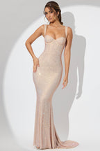 Embellished Corset Fishtail Evening Gown in Champagne