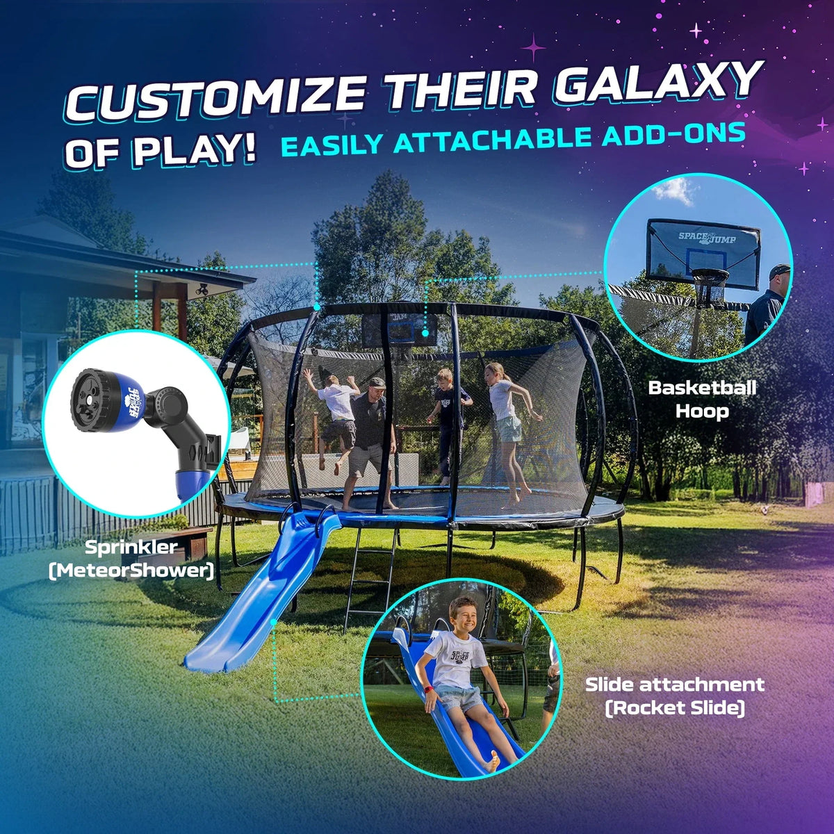 SpaceJump Lunar 16 Foot Trampoline, Outdoor Round Bouncer with Safety Net, Black
