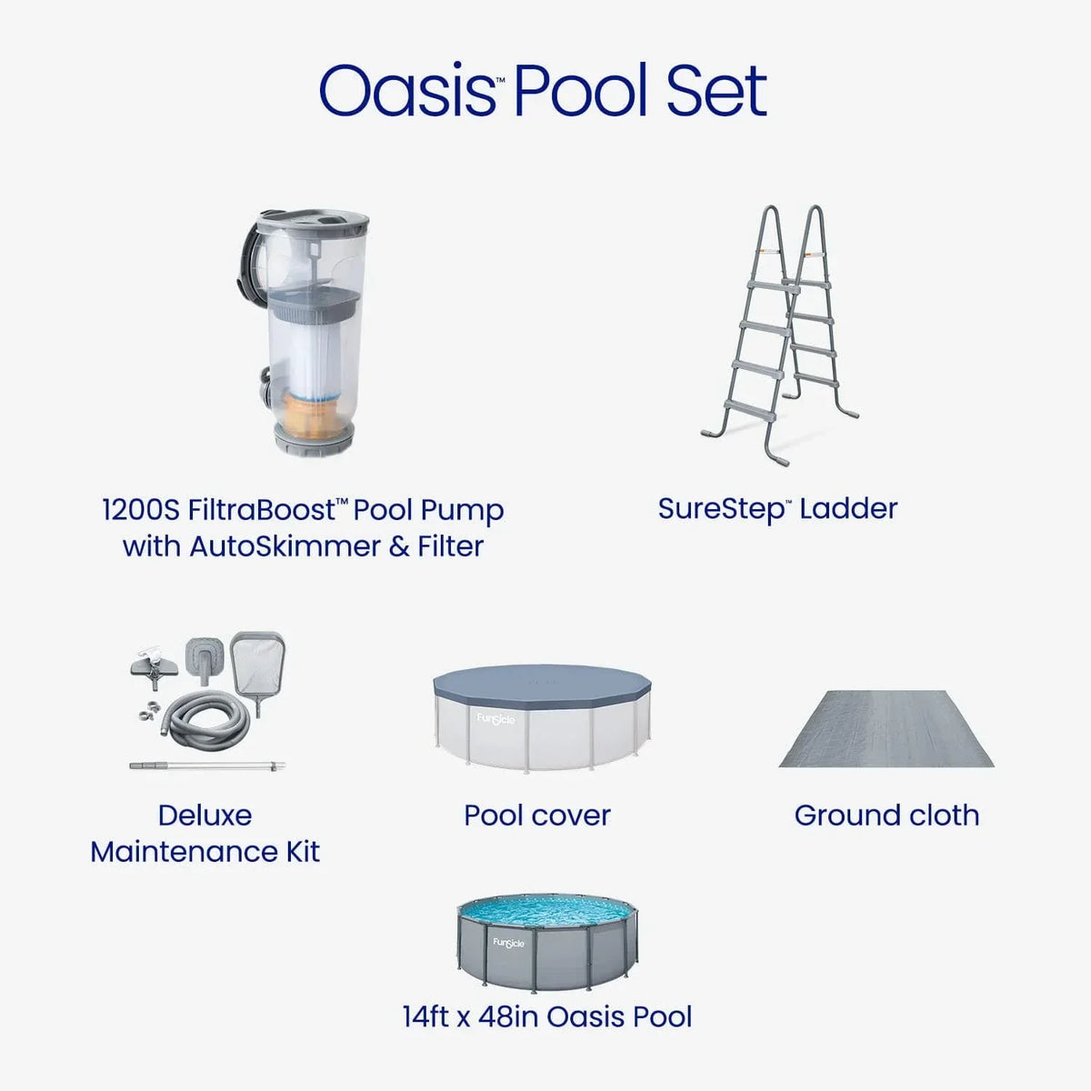 Funsicle Oasis Above Ground Metal Frame Swimming Pool Set – with FB1200S AutoSkimmer Pump, Ladder, Cover, Cloth & Deluxe Maint. Kit, 14′ x 48″, Round, Gray