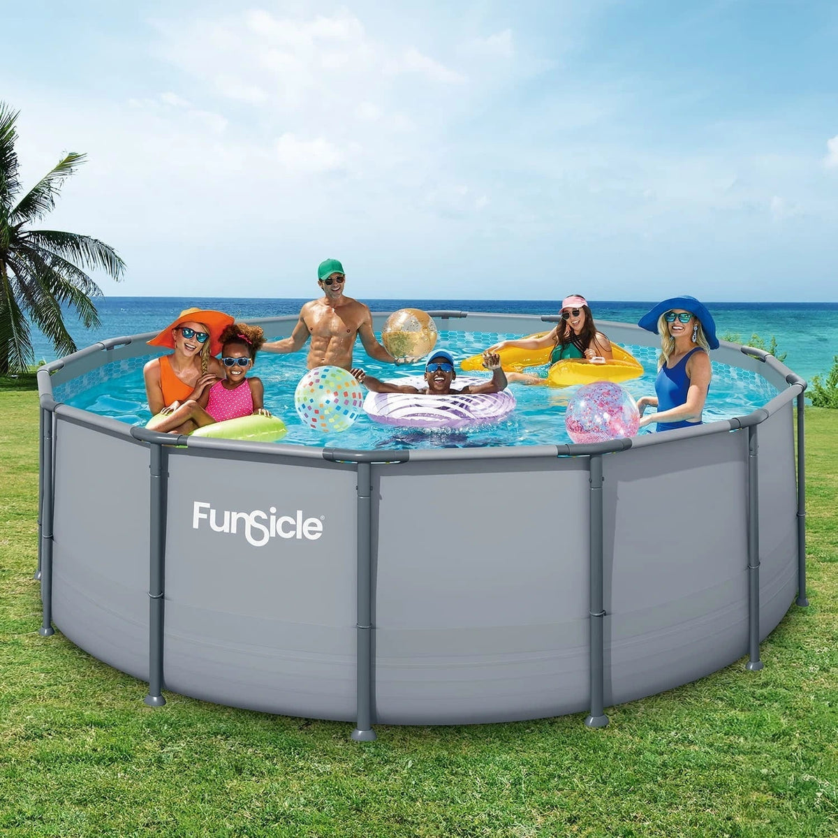 Funsicle Oasis Above Ground Metal Frame Swimming Pool Set – with FB1200S AutoSkimmer Pump, Ladder, Cover, Cloth & Deluxe Maint. Kit, 14′ x 48″, Round, Gray