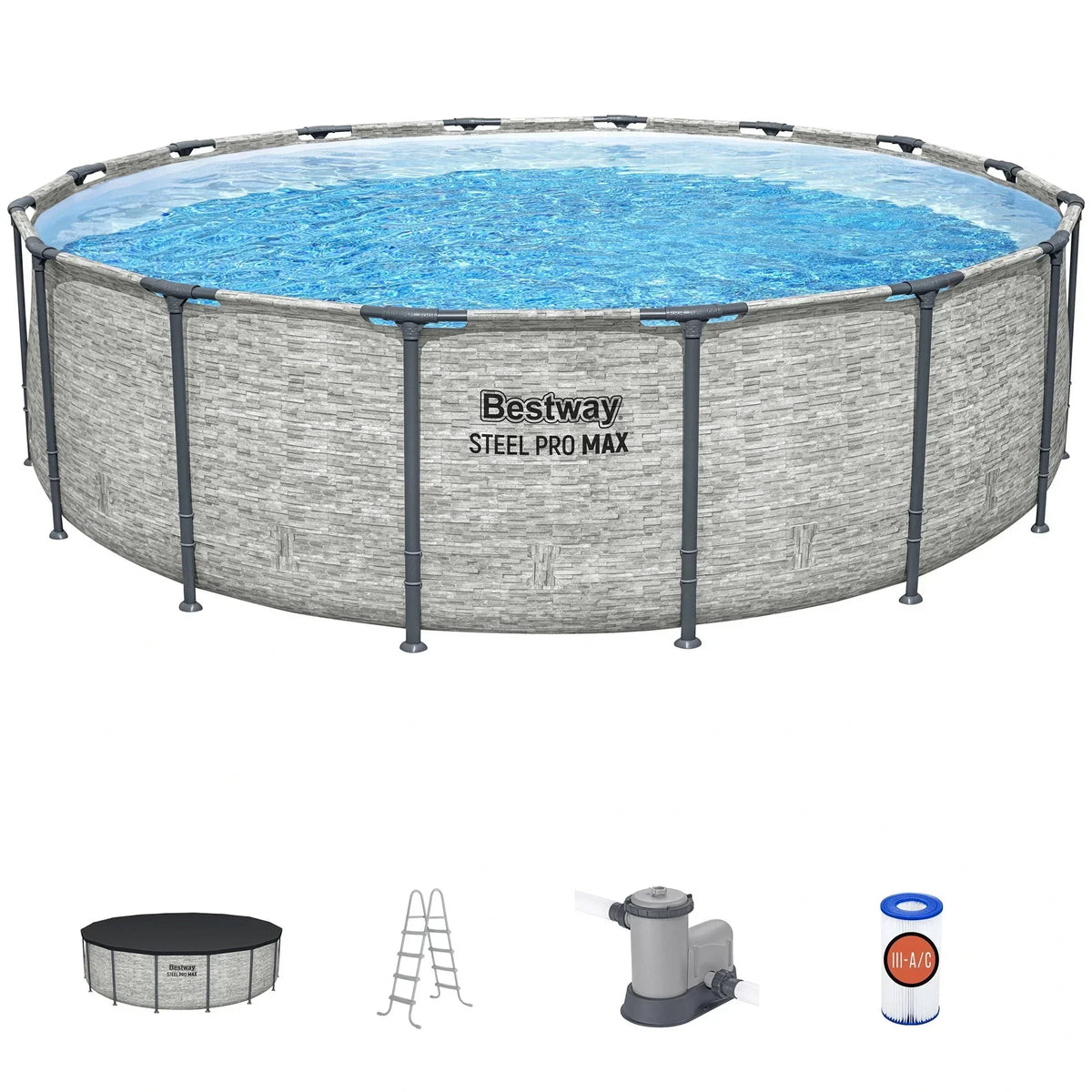 Bestway: Steel Pro MAX – 16′ x 48″, Grey -Round Above Ground Swimming Pool Set, ClickConnect Frame, Tritech, Filter Pump-Ladder-Cover, 5145 Gal Water