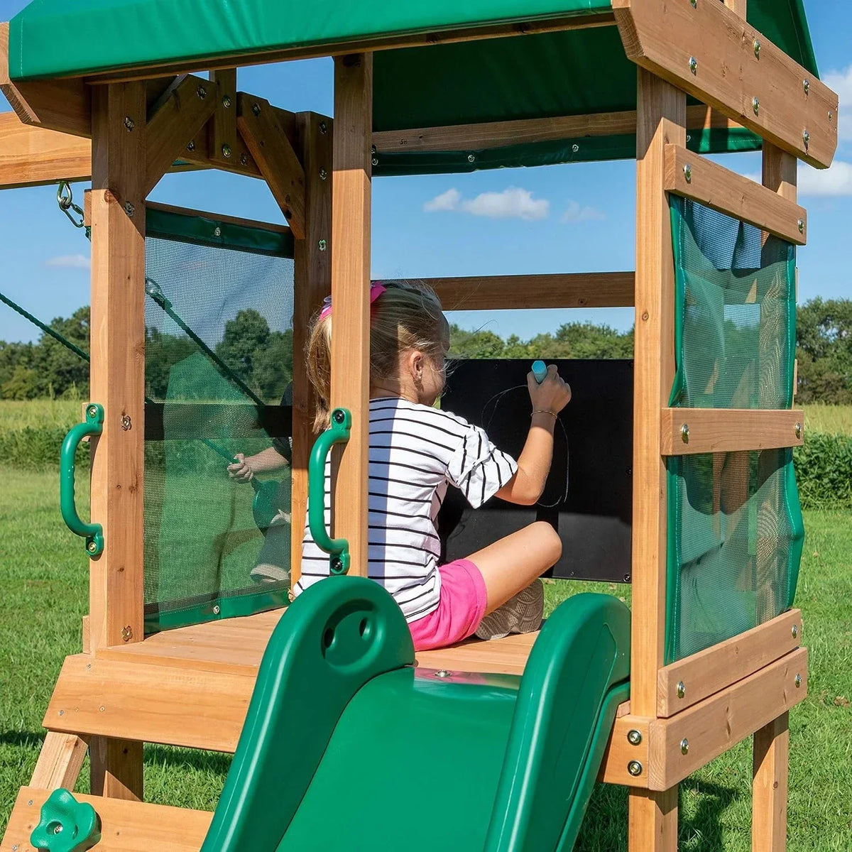 Backyard Discovery Buckley Hill Cedar Wood Swing Set with Wave Slide, Play Deck, Rock Wall Ladder, Belt Swings, Chalkboard, Canopy Roof, Outdoor Playset