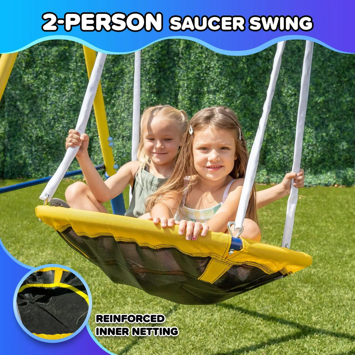 Sportspower Super Star 5-in-1 Metal Swing Set: 2 Swings, Flying Saucer, 2-Person Roman Glider, 6.5ft Slide; Great for Kids 3-8; Bonus Anchor Kit