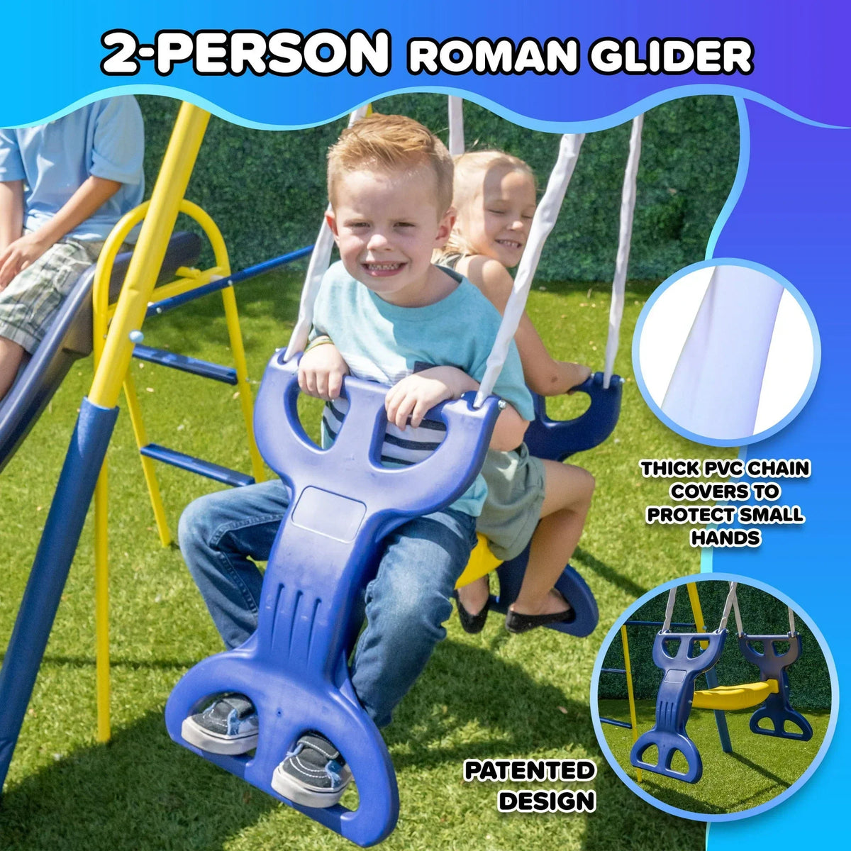 Sportspower Super Star 5-in-1 Metal Swing Set: 2 Swings, Flying Saucer, 2-Person Roman Glider, 6.5ft Slide; Great for Kids 3-8; Bonus Anchor Kit