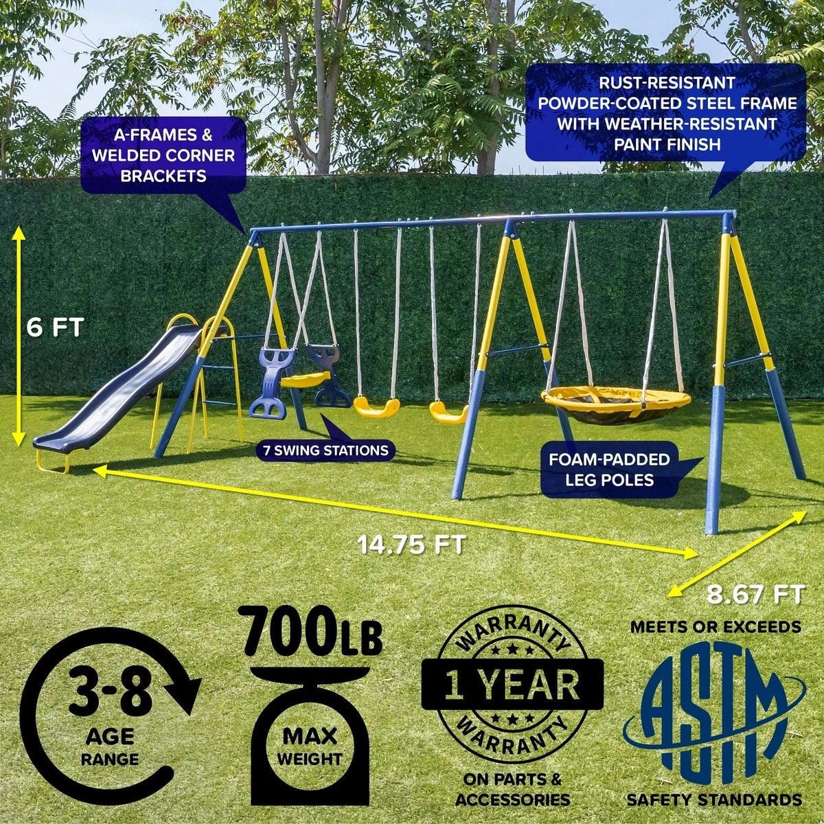 Sportspower Super Star 5-in-1 Metal Swing Set: 2 Swings, Flying Saucer, 2-Person Roman Glider, 6.5ft Slide; Great for Kids 3-8; Bonus Anchor Kit