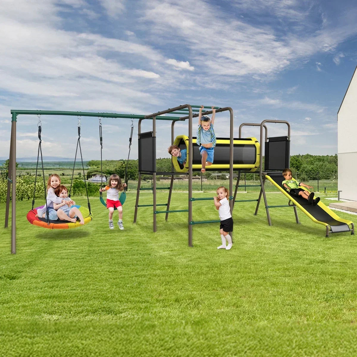 Klo Kick 6-in-1 Swing Set with Slide,Crawl Tunnel and Monkey Bars for Backyard, Playground for Kids Aged 3-12
