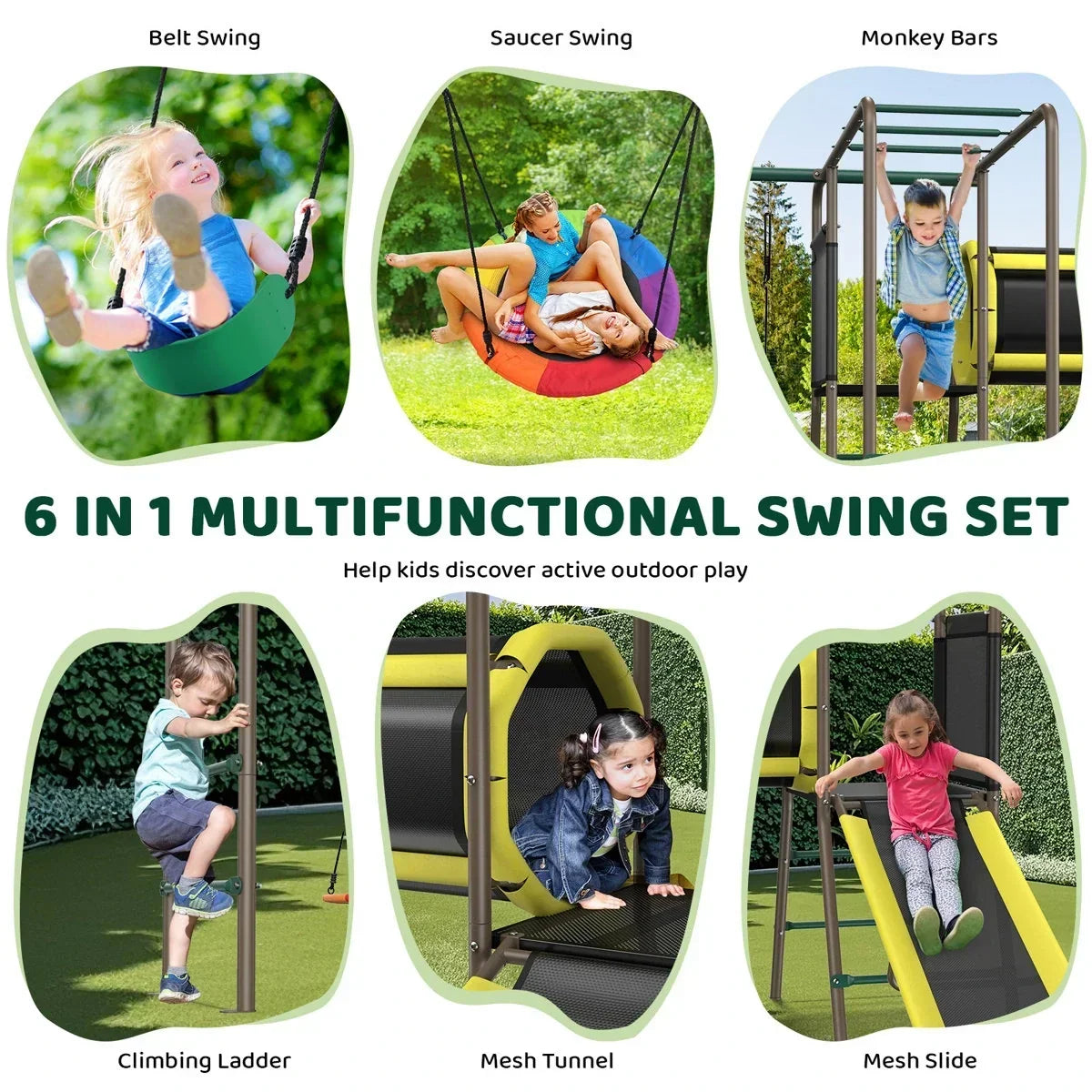 Klo Kick 6-in-1 Swing Set with Slide,Crawl Tunnel and Monkey Bars for Backyard, Playground for Kids Aged 3-12