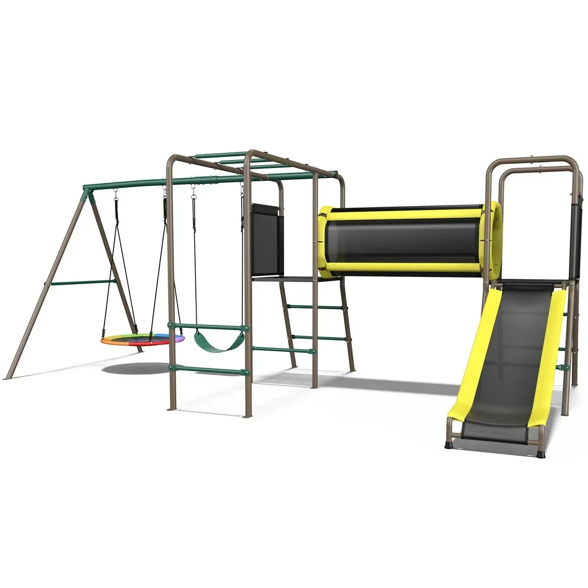 Klo Kick 6-in-1 Swing Set with Slide,Crawl Tunnel and Monkey Bars for Backyard, Playground for Kids Aged 3-12