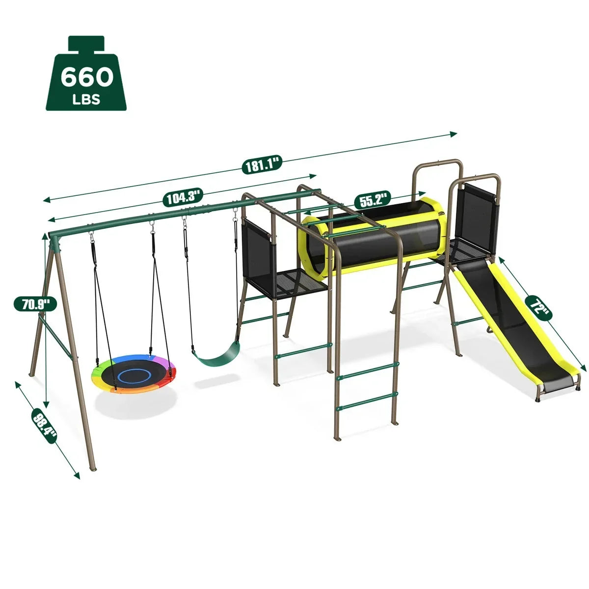 Klo Kick 6-in-1 Swing Set with Slide,Crawl Tunnel and Monkey Bars for Backyard, Playground for Kids Aged 3-12