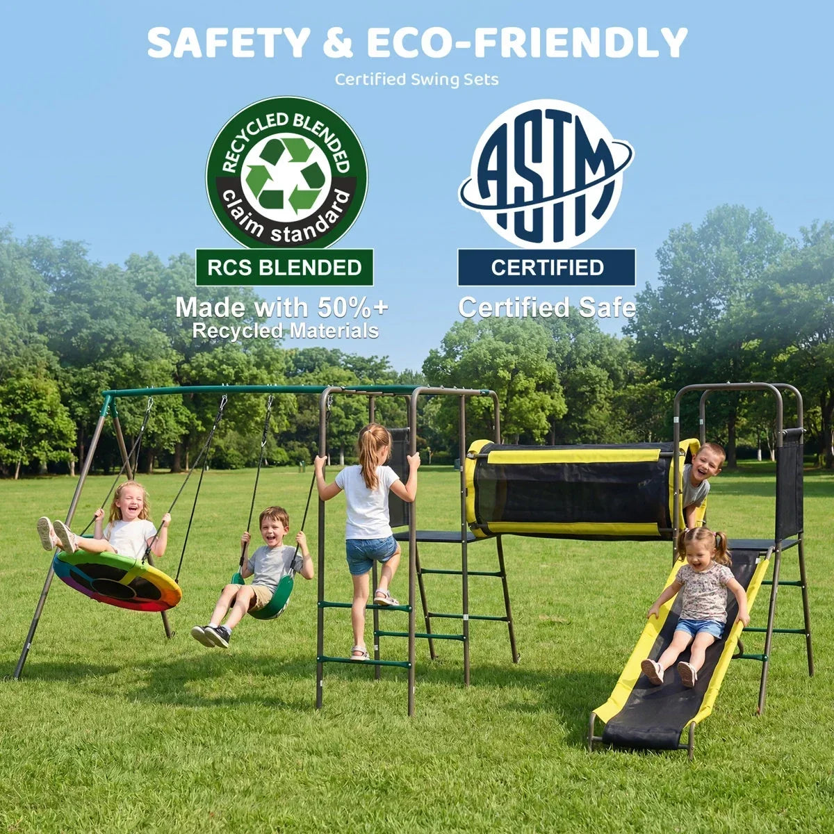 Klo Kick 6-in-1 Swing Set with Slide,Crawl Tunnel and Monkey Bars for Backyard, Playground for Kids Aged 3-12