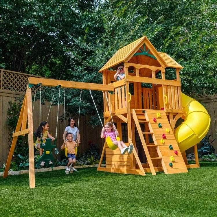 KidKraft Boulder Station Wooden Swing Set / Playset with Tube Slide