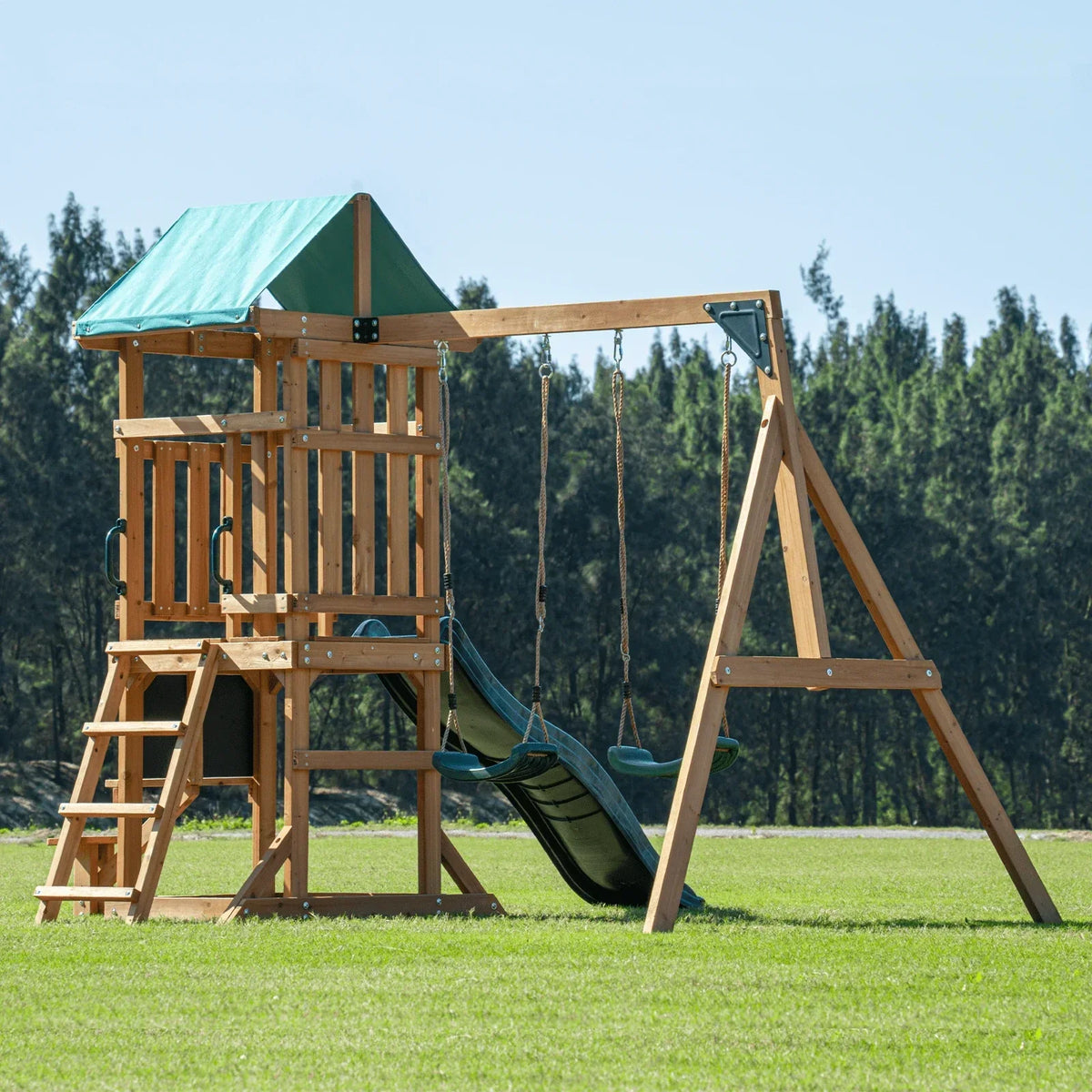 DOLPHIN PLAYGROUND Wooden Outdoor Playset with Dual Swings, Slide, and Playhouse – Rounded Edges