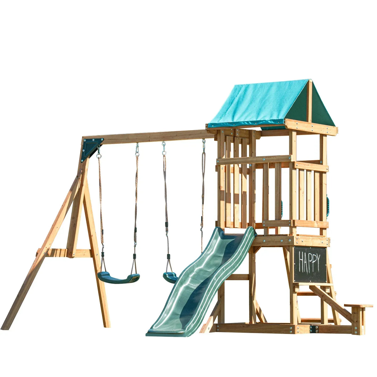 DOLPHIN PLAYGROUND Wooden Outdoor Playset with Dual Swings, Slide, and Playhouse – Rounded Edges