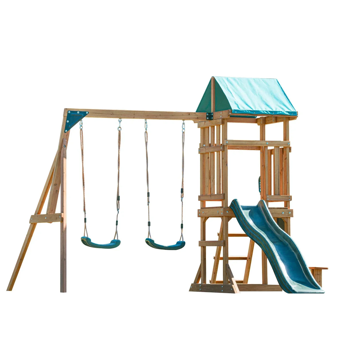 DOLPHIN PLAYGROUND Wooden Outdoor Playset with Dual Swings, Slide, and Playhouse – Rounded Edges