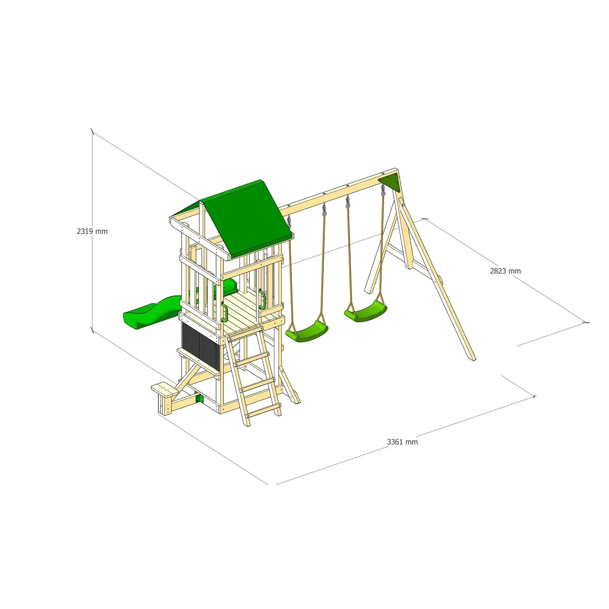 DOLPHIN PLAYGROUND Wooden Outdoor Playset with Dual Swings, Slide, and Playhouse – Rounded Edges
