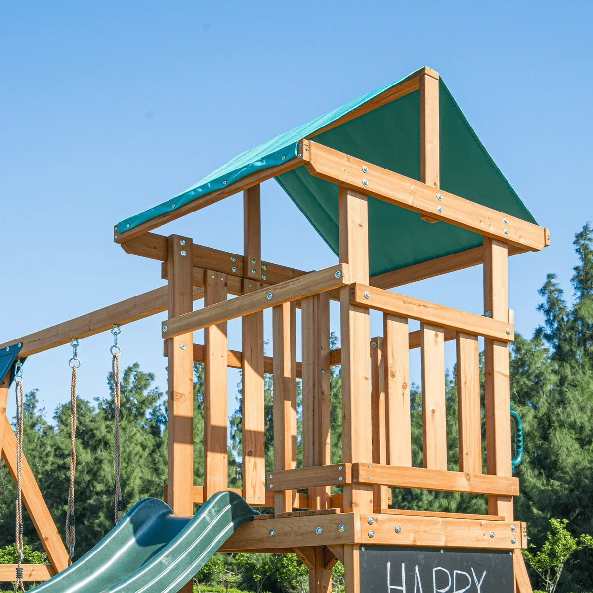 DOLPHIN PLAYGROUND Wooden Outdoor Playset with Dual Swings, Slide, and Playhouse – Rounded Edges
