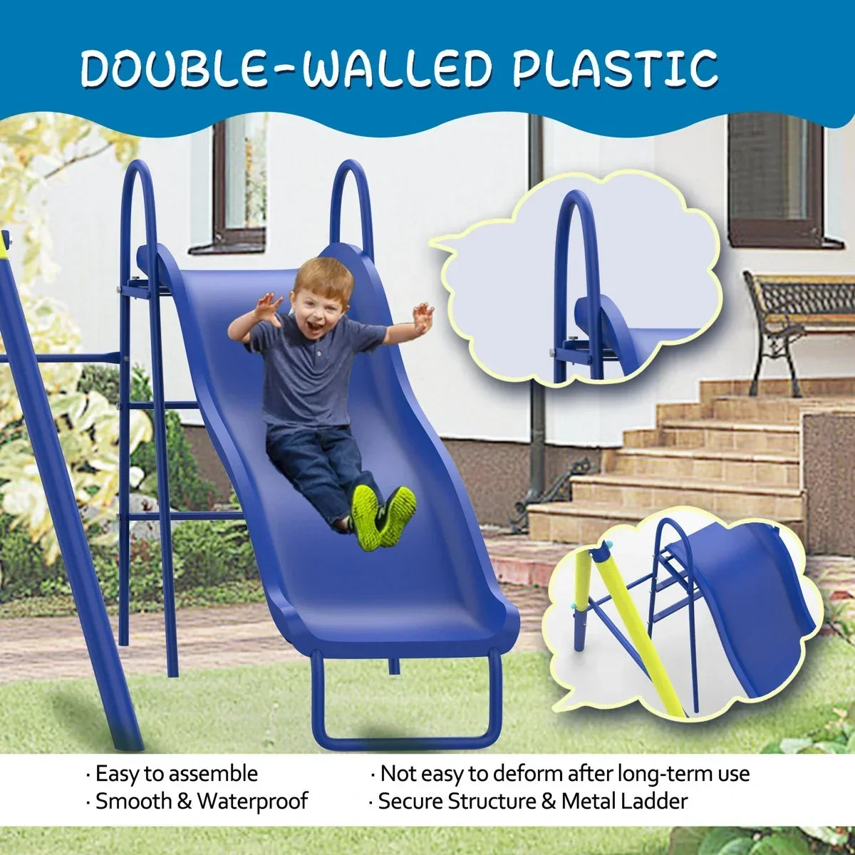 SUMIJ 8 in1 Swing Sets for Backyard with Kids Slide Outdoor Heavy-Duty Metal Playset for Kids 550lbs Swing Set with Slide, Saucer Seat, 2 Belt Seat, Soccer Goals, Glider,Baby Swing Set and Baketball Hoop