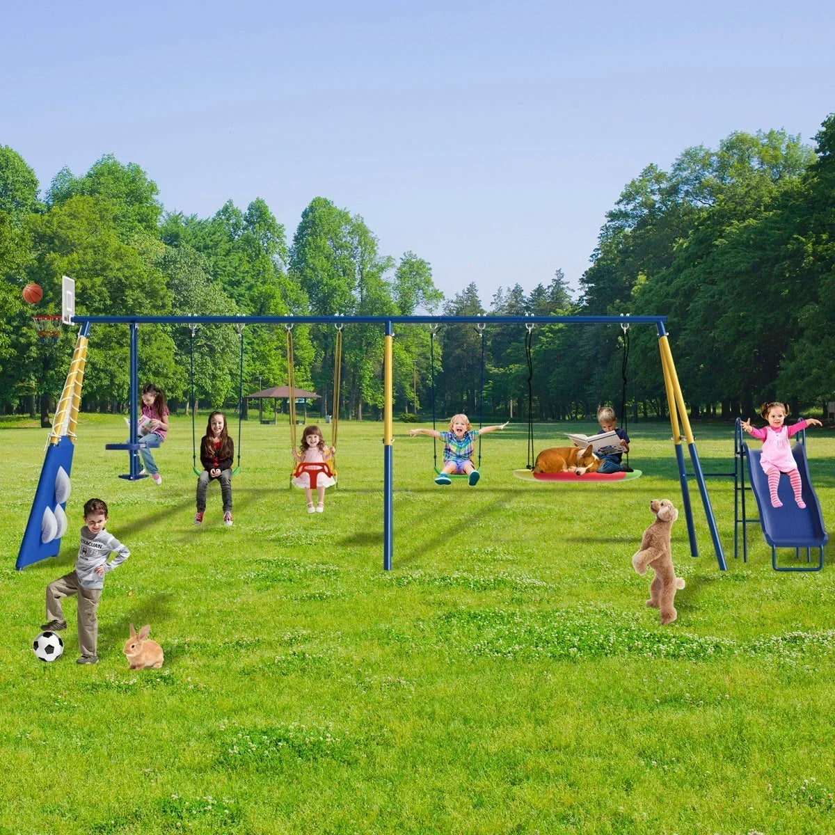 SUMIJ 8 in1 Swing Sets for Backyard with Kids Slide Outdoor Heavy-Duty Metal Playset for Kids 550lbs Swing Set with Slide, Saucer Seat, 2 Belt Seat, Soccer Goals, Glider,Baby Swing Set and Baketball Hoop