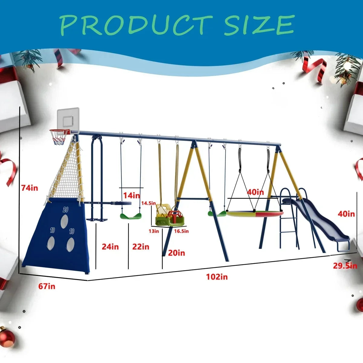 SUMIJ 8 in1 Swing Sets for Backyard with Kids Slide Outdoor Heavy-Duty Metal Playset for Kids 550lbs Swing Set with Slide, Saucer Seat, 2 Belt Seat, Soccer Goals, Glider,Baby Swing Set and Baketball Hoop