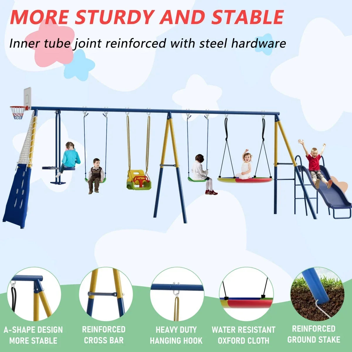 SUMIJ 8 in1 Swing Sets for Backyard with Kids Slide Outdoor Heavy-Duty Metal Playset for Kids 550lbs Swing Set with Slide, Saucer Seat, 2 Belt Seat, Soccer Goals, Glider,Baby Swing Set and Baketball Hoop