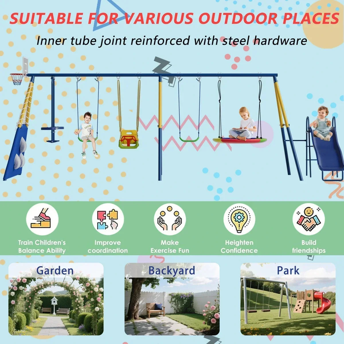 SUMIJ 8 in1 Swing Sets for Backyard with Kids Slide Outdoor Heavy-Duty Metal Playset for Kids 550lbs Swing Set with Slide, Saucer Seat, 2 Belt Seat, Soccer Goals, Glider,Baby Swing Set and Baketball Hoop