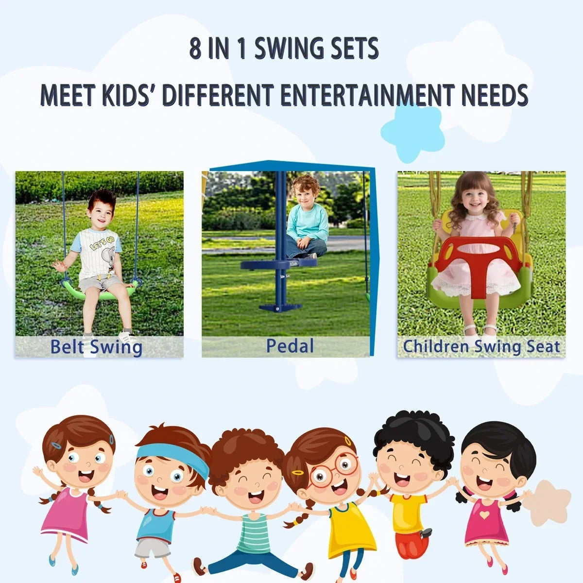 SUMIJ 8 in1 Swing Sets for Backyard with Kids Slide Outdoor Heavy-Duty Metal Playset for Kids 550lbs Swing Set with Slide, Saucer Seat, 2 Belt Seat, Soccer Goals, Glider,Baby Swing Set and Baketball Hoop