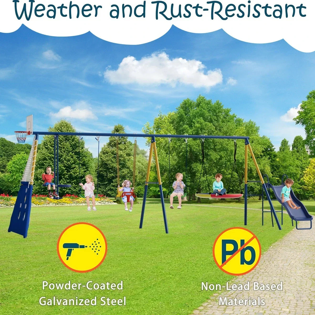 SUMIJ 8 in1 Swing Sets for Backyard with Kids Slide Outdoor Heavy-Duty Metal Playset for Kids 550lbs Swing Set with Slide, Saucer Seat, 2 Belt Seat, Soccer Goals, Glider,Baby Swing Set and Baketball Hoop
