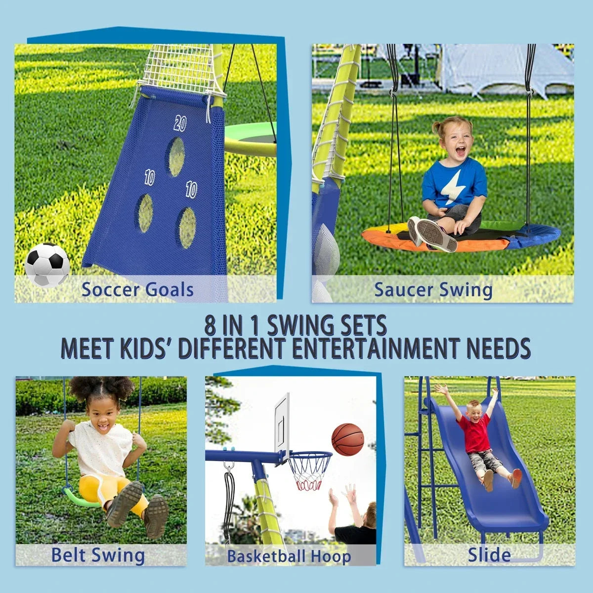 SUMIJ 8 in1 Swing Sets for Backyard with Kids Slide Outdoor Heavy-Duty Metal Playset for Kids 550lbs Swing Set with Slide, Saucer Seat, 2 Belt Seat, Soccer Goals, Glider,Baby Swing Set and Baketball Hoop