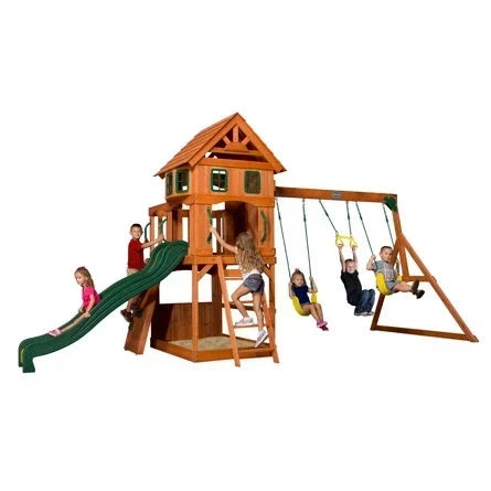 Backyard Discovery Atlantis Cedar Wood Swing Set with Wave Slide, Clubhouse, Rock Wall, and Sandbox Area