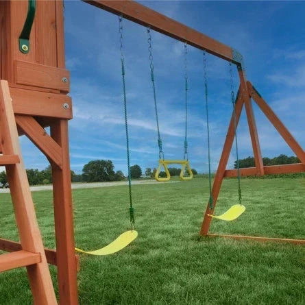 Backyard Discovery Atlantis Cedar Wood Swing Set with Wave Slide, Clubhouse, Rock Wall, and Sandbox Area