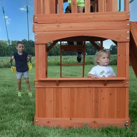 Backyard Discovery Atlantis Cedar Wood Swing Set with Wave Slide, Clubhouse, Rock Wall, and Sandbox Area