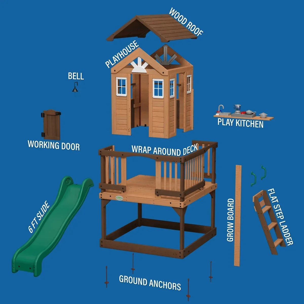 Backyard Discovery Echo Heights Cedar Wooden Elevated Kids Playhouse with Wave Slide, Play Kitchen, and Deck