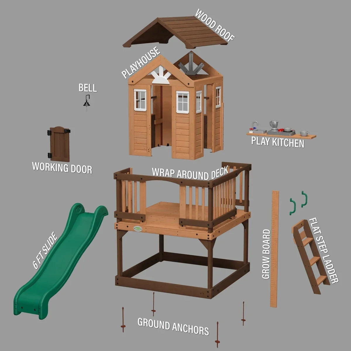 Backyard Discovery Echo Heights Cedar Wooden Elevated Kids Playhouse with Wave Slide, Play Kitchen, and Deck