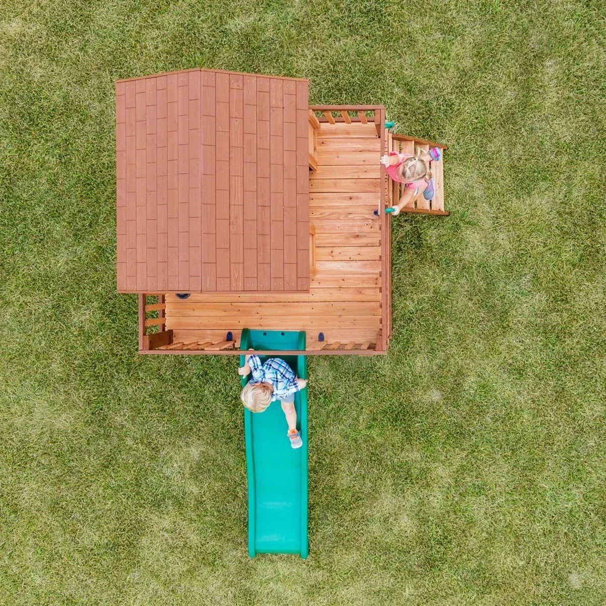 Backyard Discovery Echo Heights Cedar Wooden Elevated Kids Playhouse with Wave Slide, Play Kitchen, and Deck