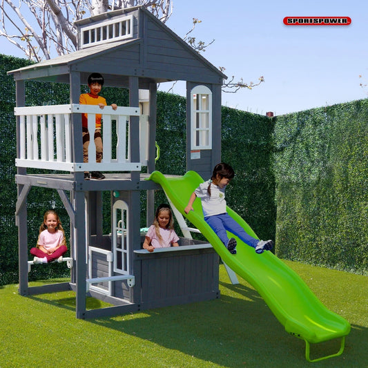 Sportspower Blakely 2-Story Playhouse with 8FT Slide, Working Door, Benches for Rest & Pretend Play Features, for Kids Ages 3-10, Wooden Elevated Playhouse