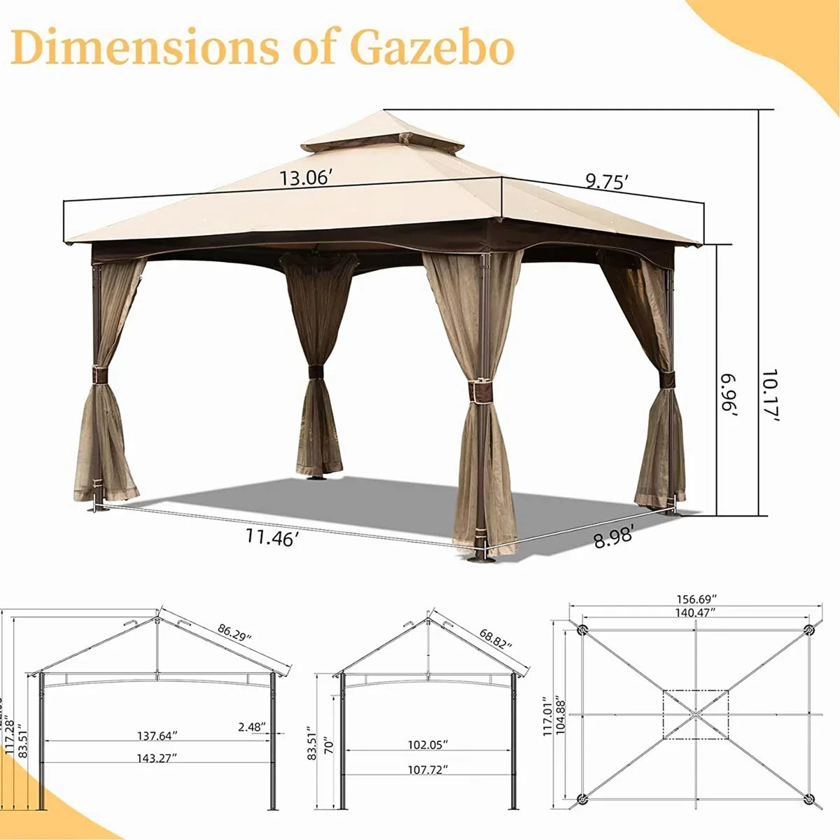 10’X13′ Patio Gazebo – Metal, Net, Waterproof, Stable, Khaki With Net Metal Frame, Double Roof, Resistance, Waterproof Canopy