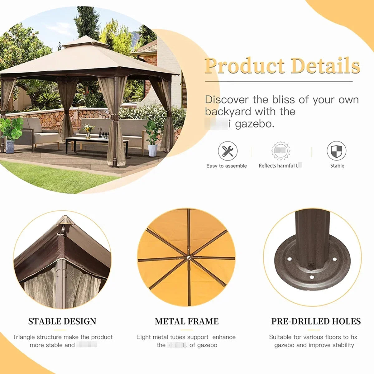 10’X13′ Patio Gazebo – Metal, Net, Waterproof, Stable, Khaki With Net Metal Frame, Double Roof, Resistance, Waterproof Canopy