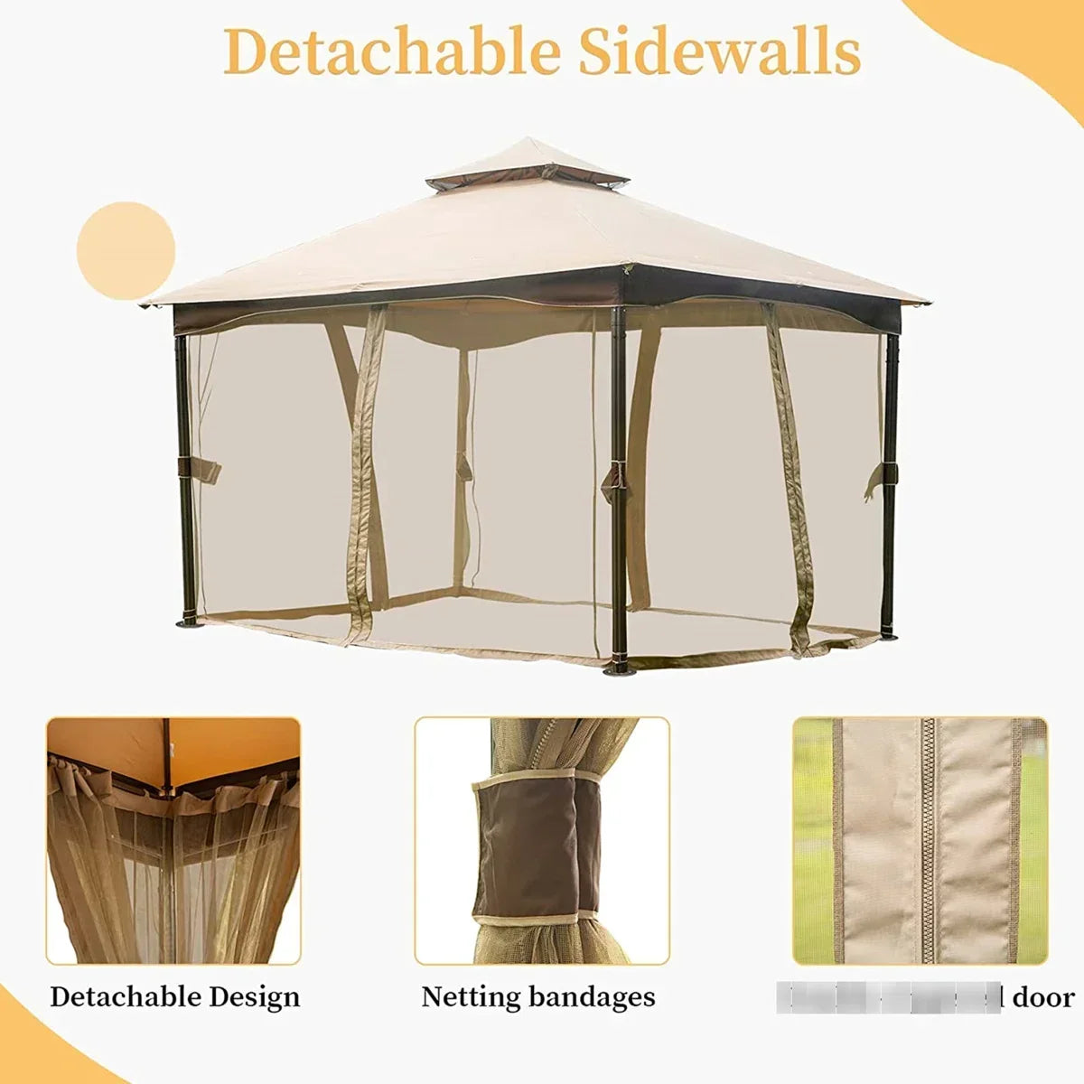 10’X13′ Patio Gazebo – Metal, Net, Waterproof, Stable, Khaki With Net Metal Frame, Double Roof, Resistance, Waterproof Canopy