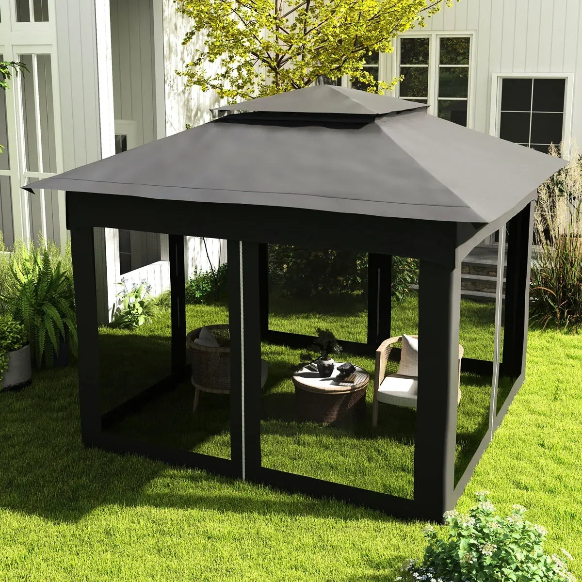 Arlmont & Co 11′ X Pop Up Canopy Gazebo, Outdoor Patio Shelter With Detachable Zipper Net. Instant Tent For Backyard And Garden. Dark Gray. 114 Sq Ft Shade