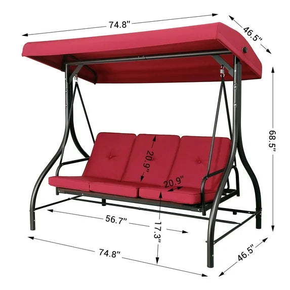 LAZY BUDDY 3-Seat Porch Swing with Adjustable Canopy, Outdoor Swing Chair Convertible Swing Bed with Removable Cushion for Yard Garden Balcony